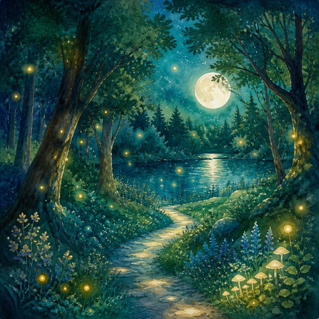 Watercolour illustration of a magical moonlit forest