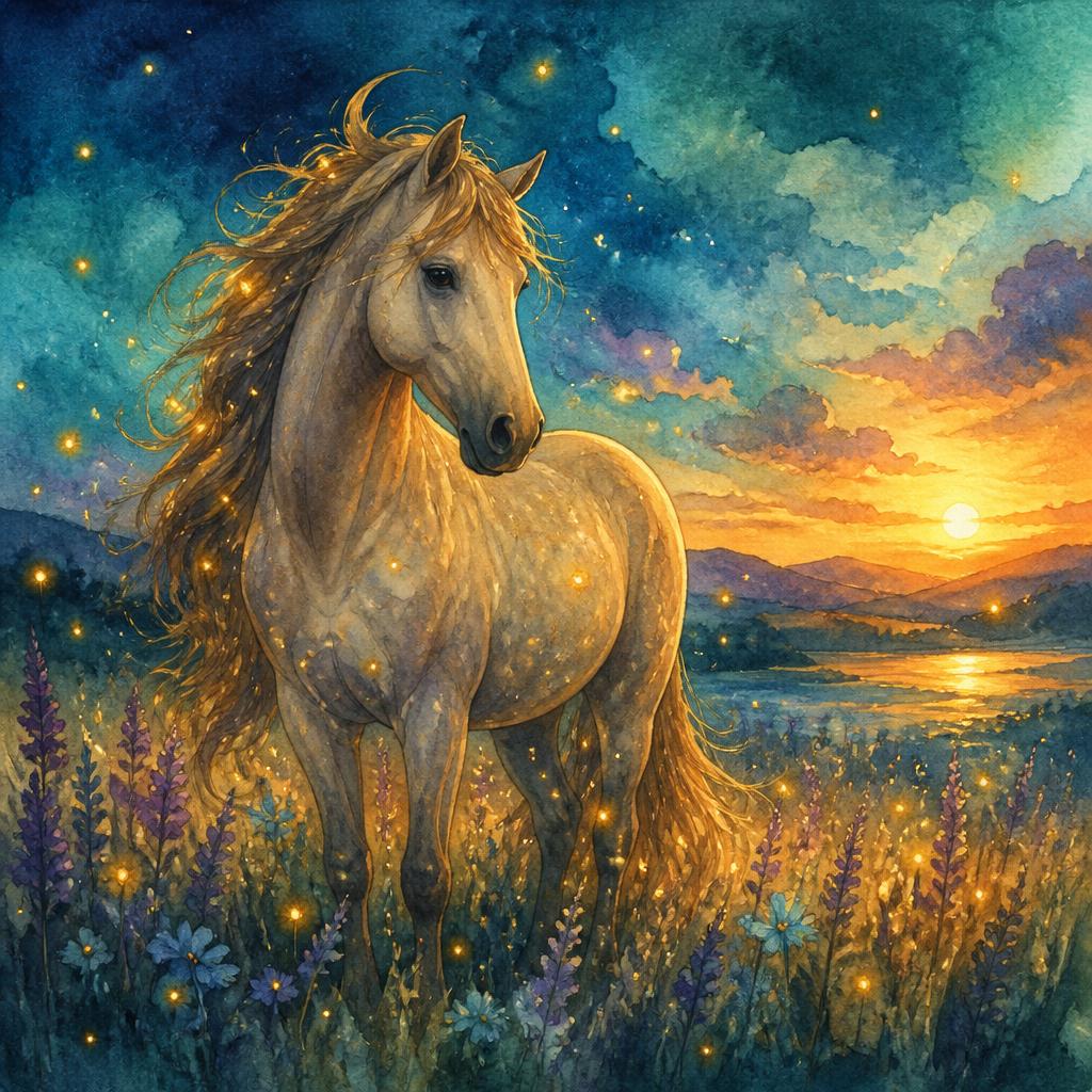 Watercolour illustration of a gentle horse in a meadow at dusk